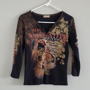 Skinny Minnie Brown Long Sleeve Printed Sparkly Western Coquette V-Neck Top Sz M